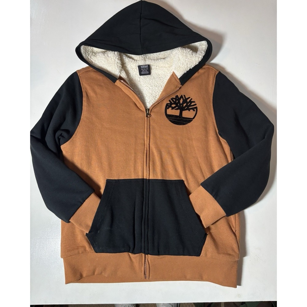 Timberland Full Zip Fleece Lined Pocket Hoodie Soft Brown/Black Youth Medium